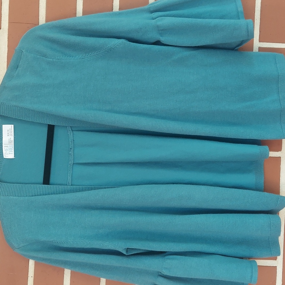 Time And Tru  Womens M 8-10 Teal Blue Cardigan  bell type Sleeve  Spring Easter